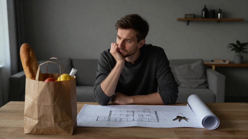 Hombre reflexiona sobre planos de una vivienda y llaves junto a una bolsa de comida.