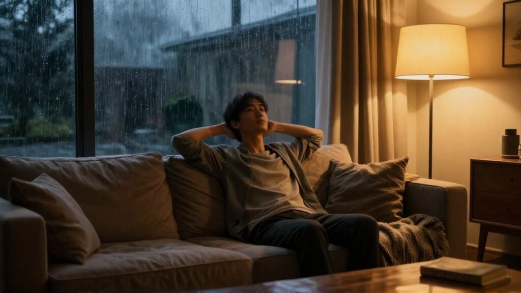 Persona relajada en un sofá acogedor frente a una ventana con lluvia nocturna.