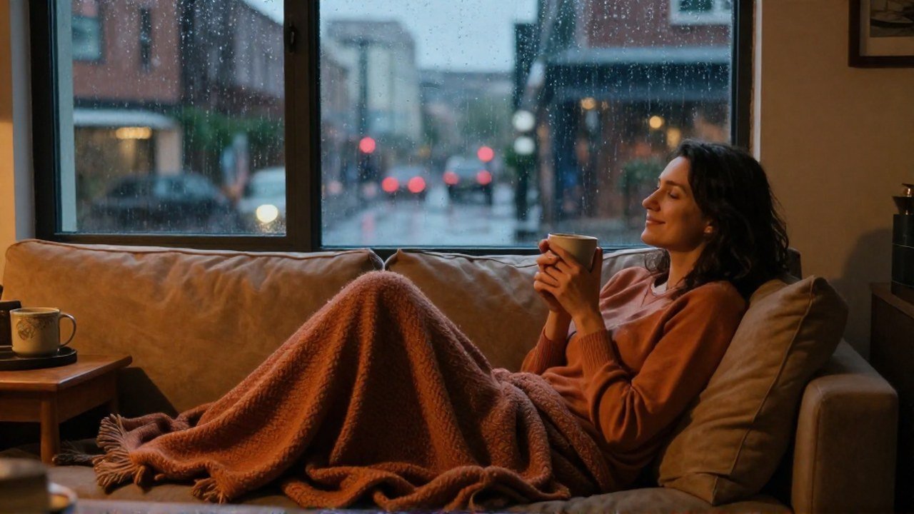 Mujer tranquila con una taza en un salón acogedor frente a la lluvia urbana.