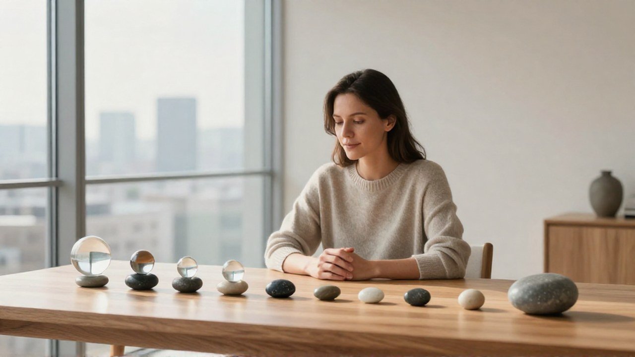 Mujer observa piedras y esferas de vidrio en un escritorio como metáfora de diversificación financiera.