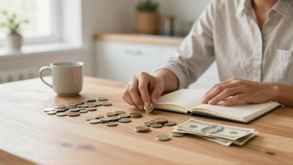 Persona organizando monedas y billetes sobre una mesa de madera para planificar su presupuesto.