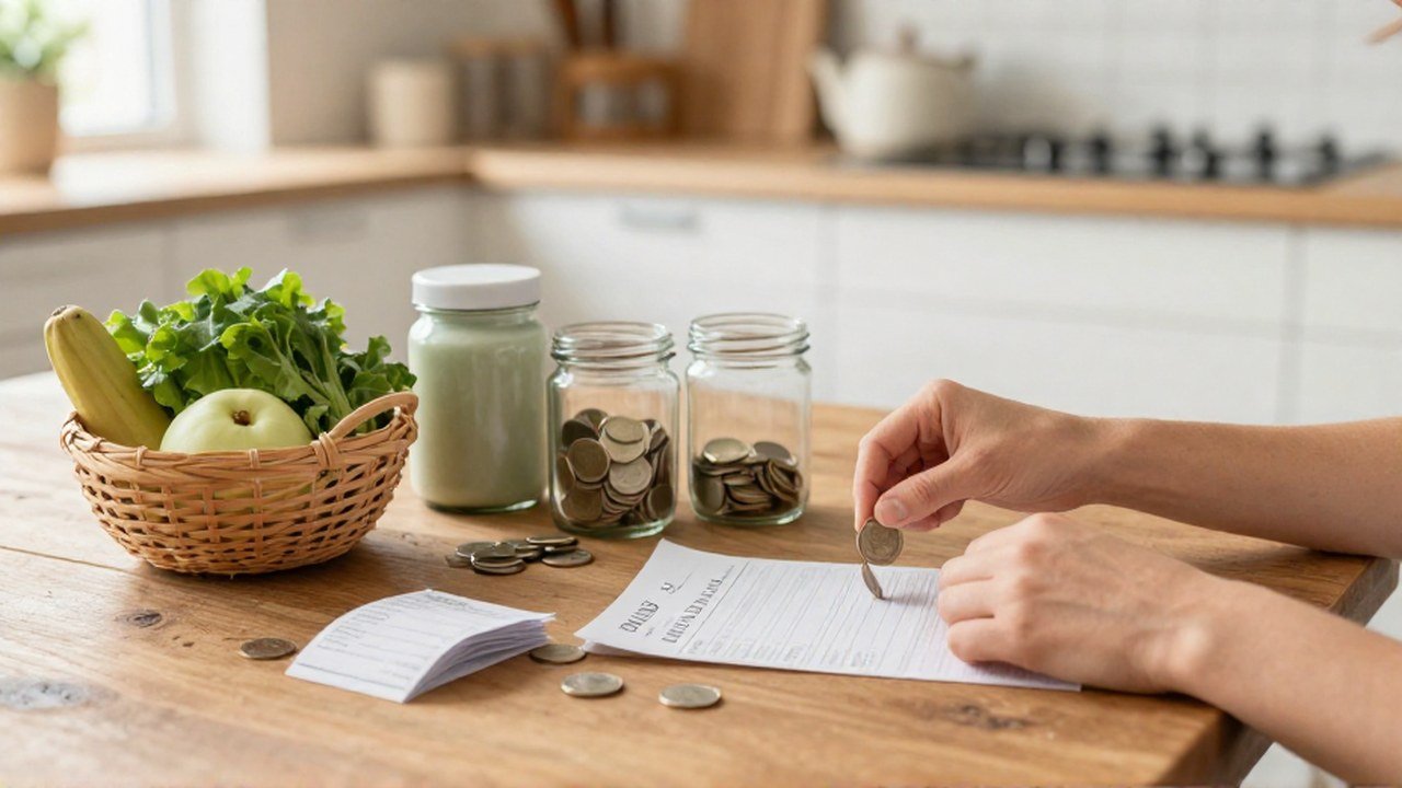 Manos organizando un presupuesto doméstico colocando monedas en frascos sobre una mesa de madera.