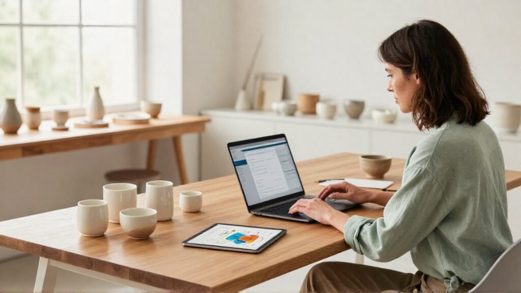 Mujer gestiona proyectos digitales y productos artesanales en un estudio de trabajo.