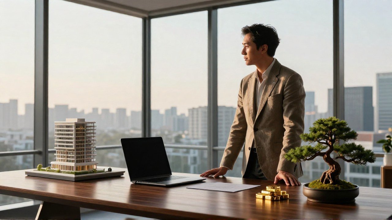 Inversor contemplando una mesa con diversos activos en un estudio con vista a la ciudad.