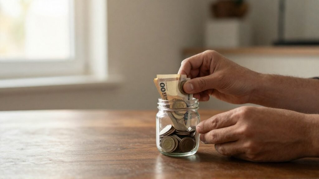 Manos depositando billetes y monedas en un frasco de vidrio sobre una mesa.