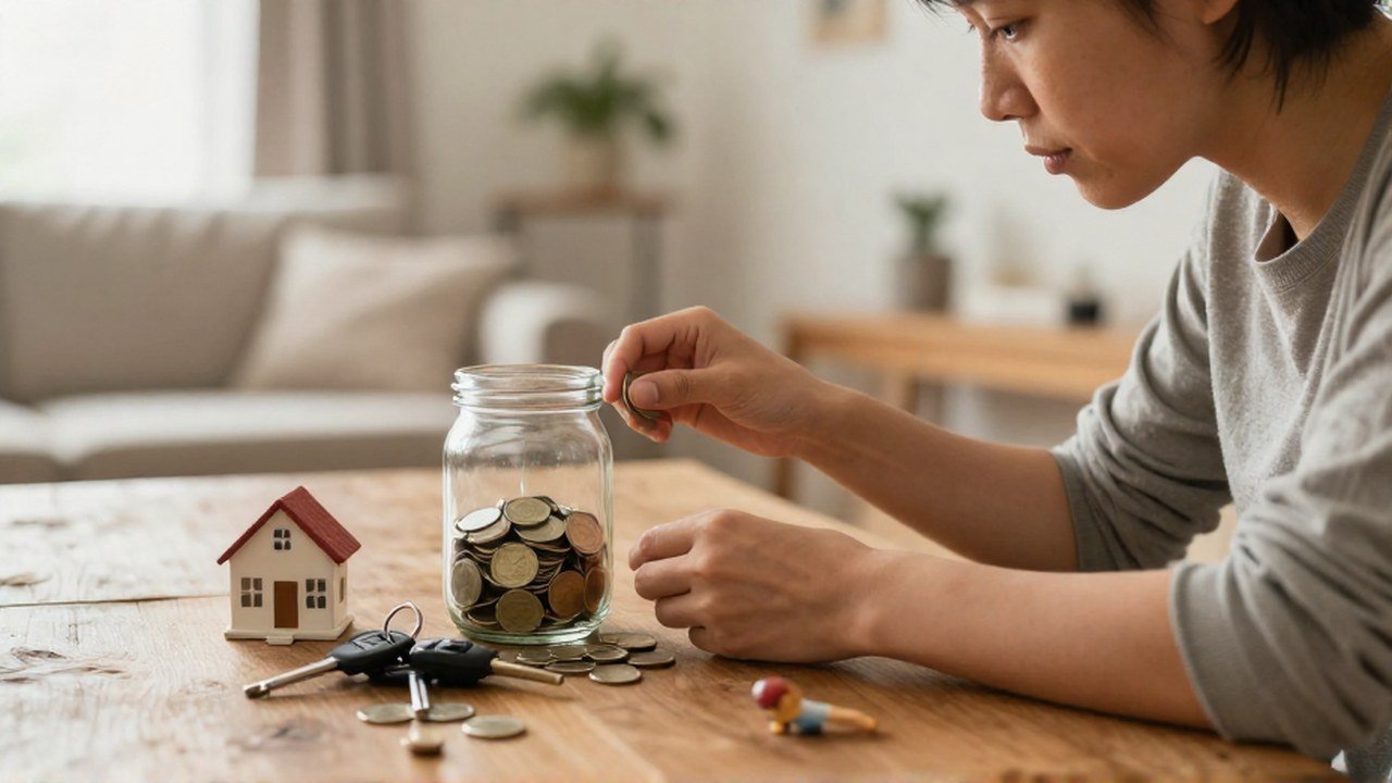 Persona organiza monedas y objetos que representan diversas responsabilidades financieras sobre una mesa de madera.