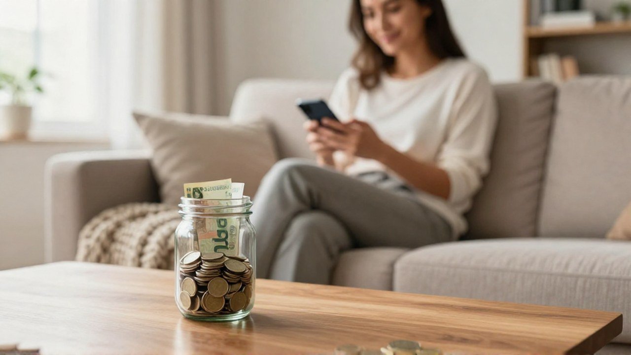Mujer sonríe con alivio frente a un frasco de ahorros con monedas y billetes.