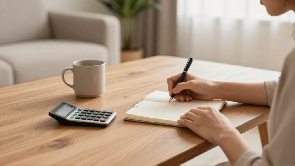 Manos escribiendo en un planificador sobre una mesa de madera junto a una calculadora.