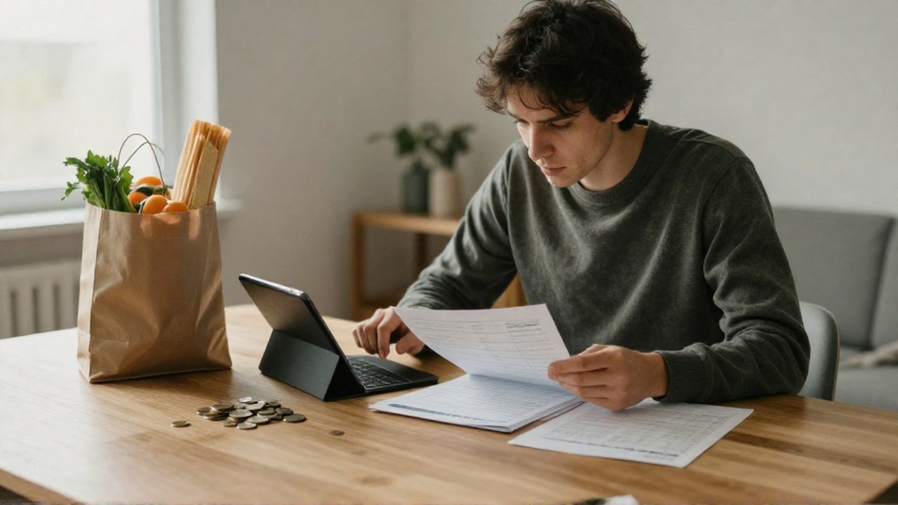 Persona revisando finanzas personales con papeles, una tableta, monedas y una bolsa de compras.