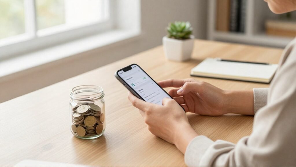 Persona utiliza un smartphone junto a un frasco de monedas sobre un escritorio de madera.