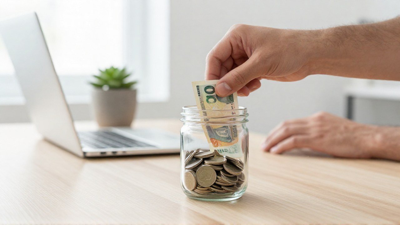 Una persona deposita un billete en un frasco de cristal con monedas sobre un escritorio.