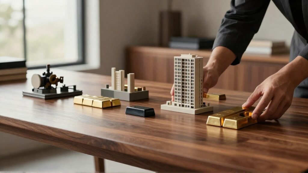 Manos de un profesional organizan modelos de edificios