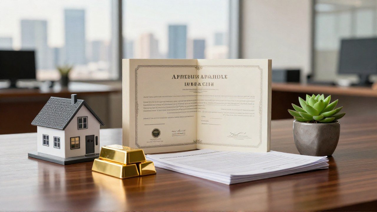 Casa en miniatura, barra de oro y certificados sobre un escritorio de oficina.