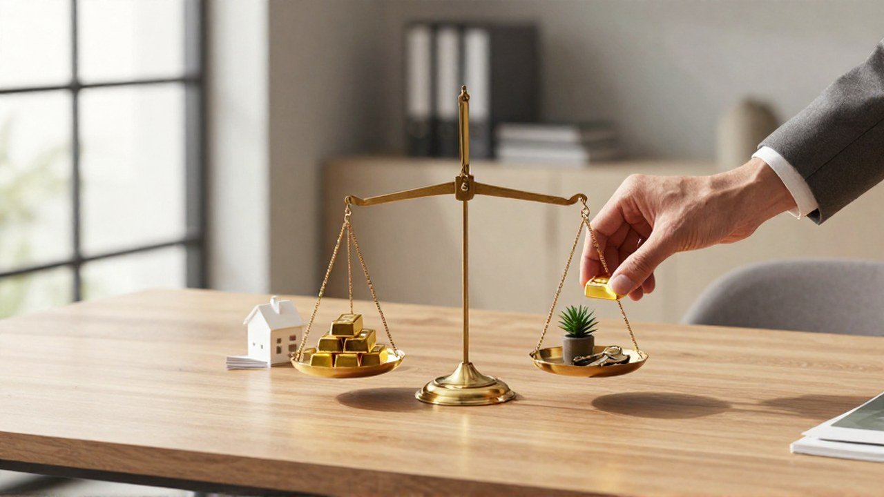 Una mano equilibra barras de oro en una balanza con una casa, papel y llaves.