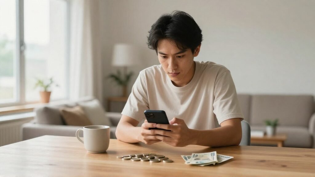 Joven mirando su teléfono junto a monedas y billetes sobre una mesa de madera.