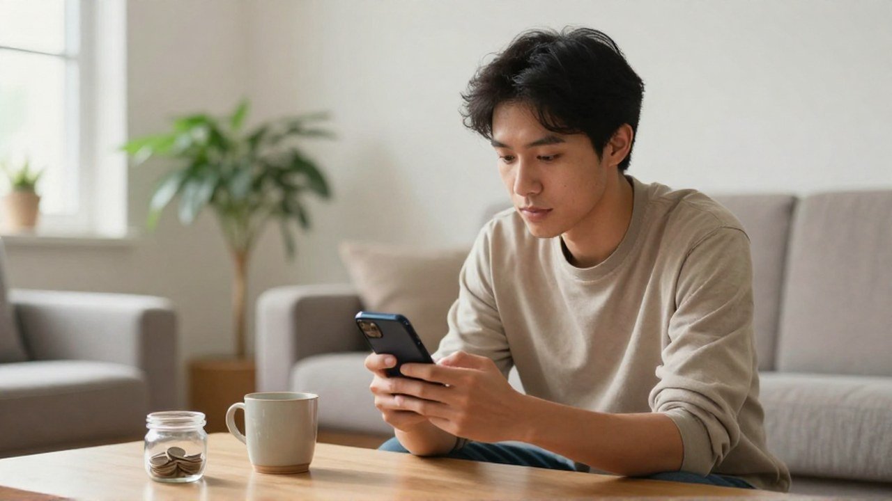 Joven mira con concentración su teléfono móvil junto a un frasco con monedas.