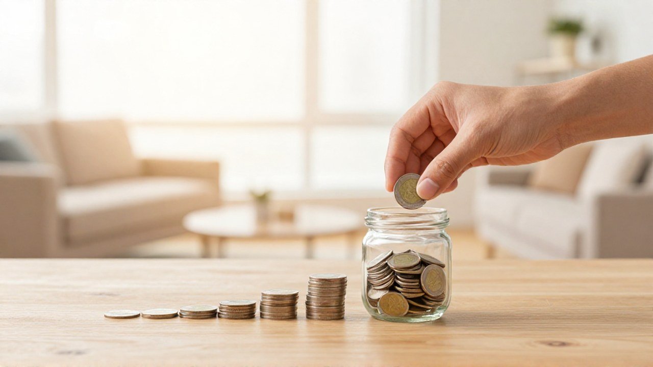 Unas manos depositan monedas en un frasco de cristal sobre una mesa de madera.
