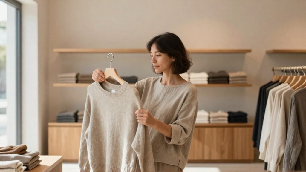 Una mujer contempla con calma un jersey de lino en una boutique minimalista.