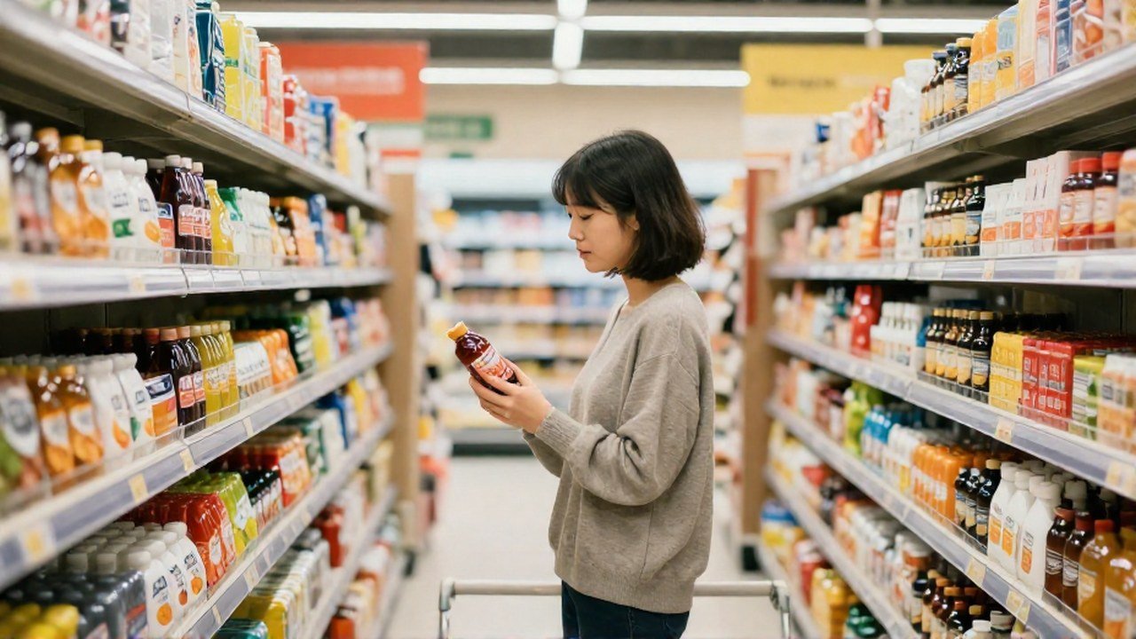 Una persona observa con atención un producto en un pasillo de supermercado.