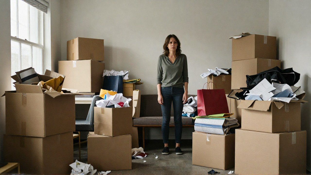 Mujer observa con expresión de cansancio la gran acumulación de cajas y bolsas de compras en un apartamento.