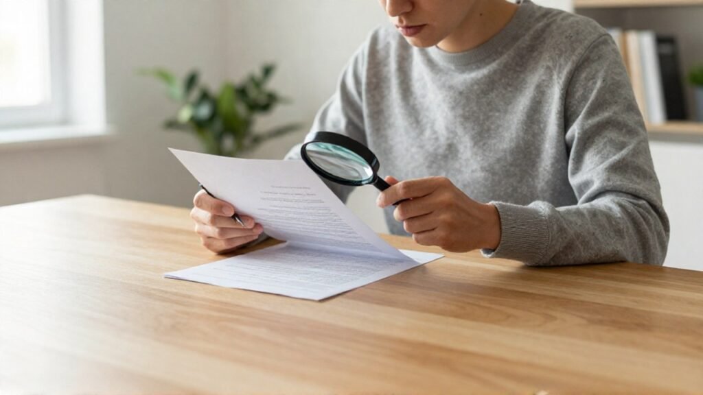 Persona examinando un documento de papel largo con una lupa y un bolígrafo en un escritorio.