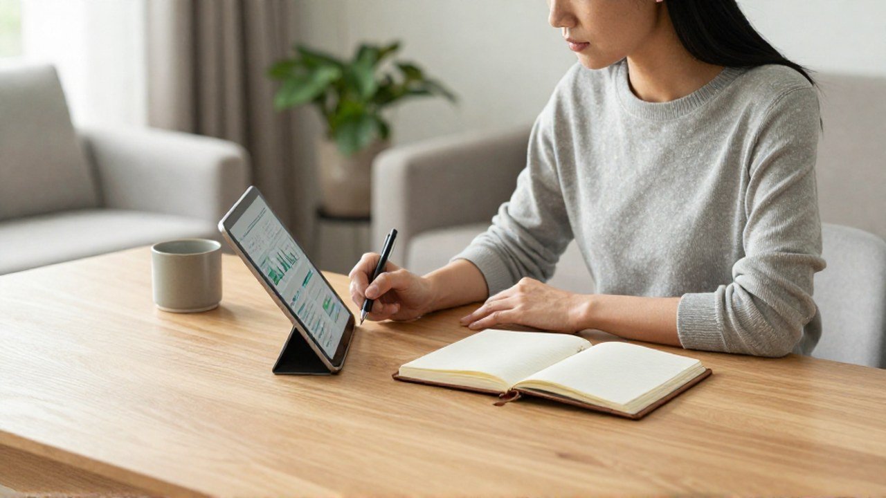 Mujer revisa finanzas en una tablet y toma notas en un cuaderno sobre un escritorio.