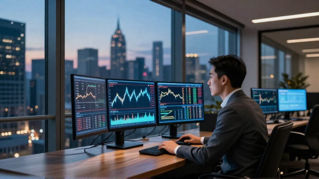 Analista financiero observa gráficos de mercados en una oficina con vista al horizonte urbano.
