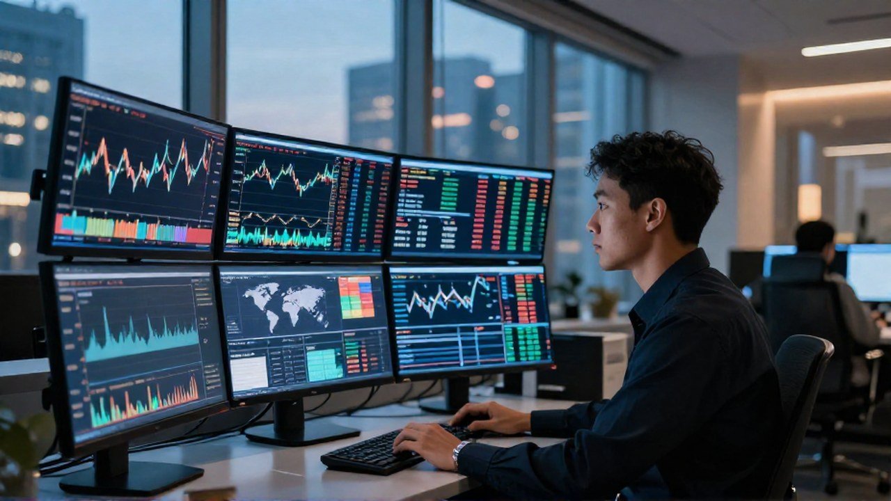 Analista financiero concentrado revisando gráficos de mercados bursátiles en monitores de una oficina moderna.