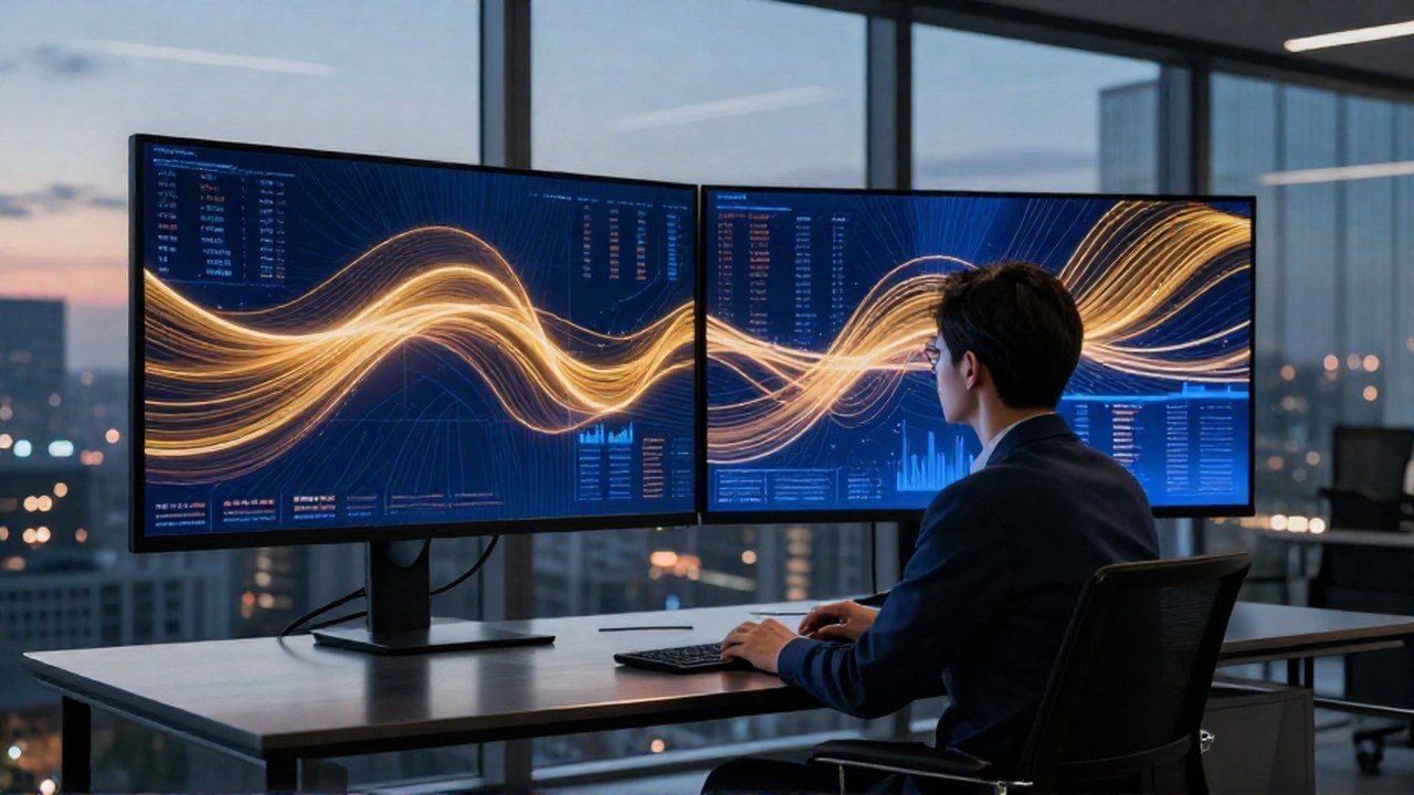 Analista financiero monitorea pantallas de datos en una oficina con vista a la ciudad.