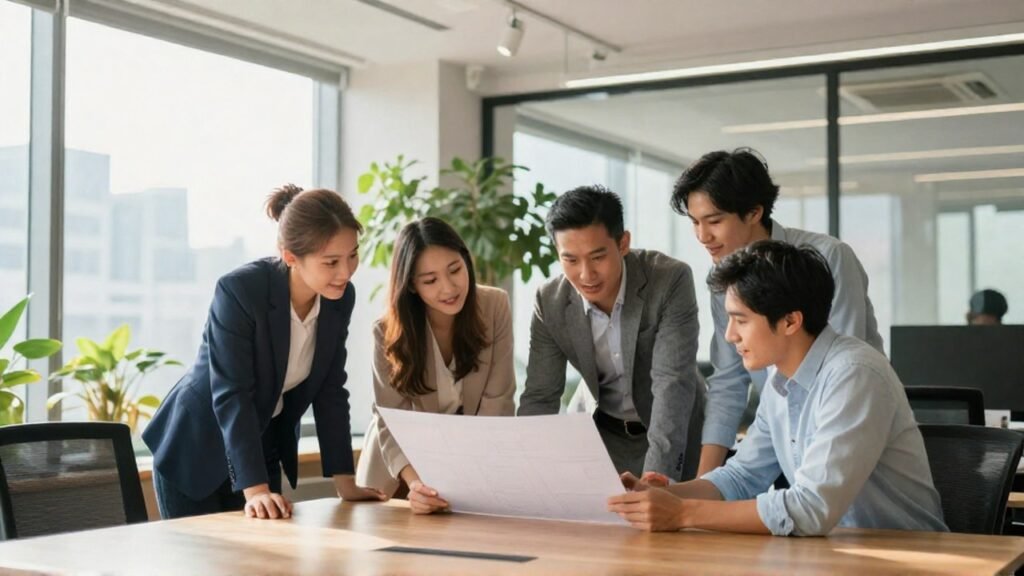 Cuatro profesionales colaboran revisando un prototipo de producto en una oficina moderna.