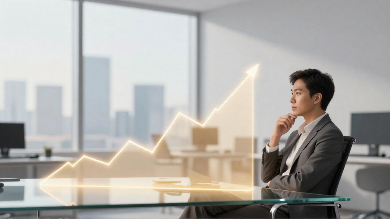 Profesional analizando una visualización tridimensional de una curva de crecimiento con fluctuaciones financieras en una oficina.