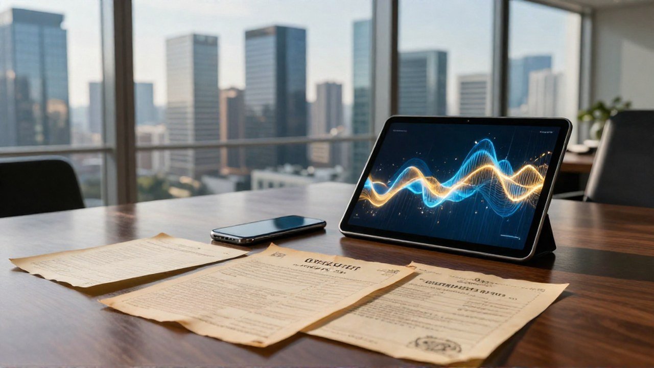 Certificados de acciones antiguos y dispositivos móviles modernos en una mesa de oficina frente a un horizonte urbano.