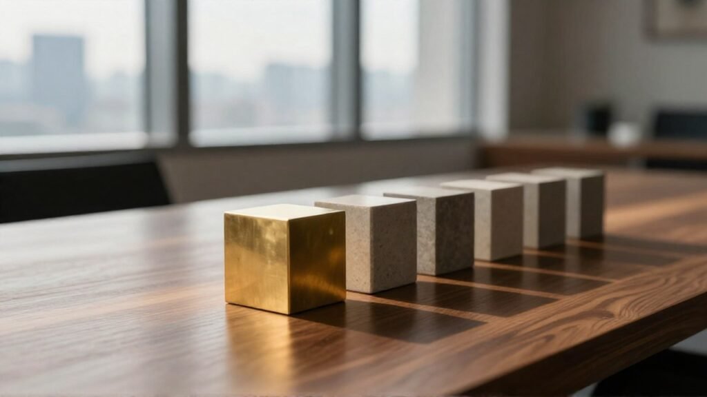 Bloque de latón iluminado destaca al inicio de una hilera de bloques de piedra.