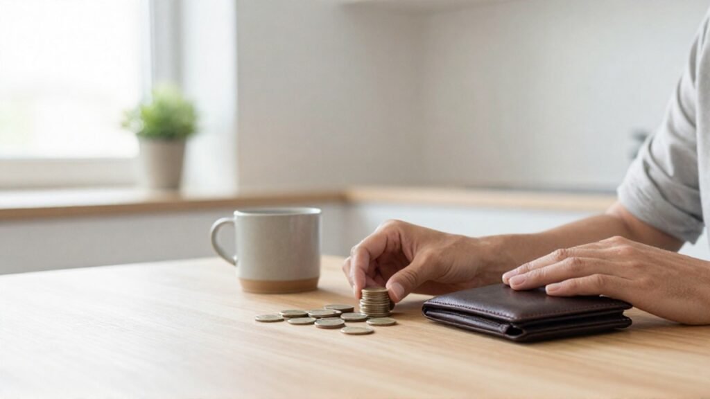 Manos organizan monedas y una cartera de cuero sobre una mesa de madera.