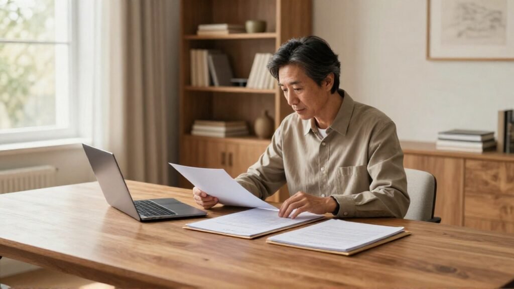 Persona adulta revisando documentos organizados y una computadora portátil en una mesa de madera.
