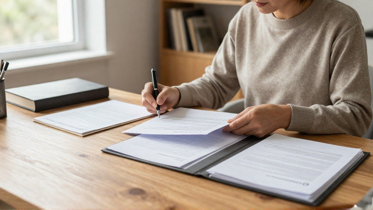 Persona de mediana edad revisando carpetas y documentos en un escritorio de oficina.