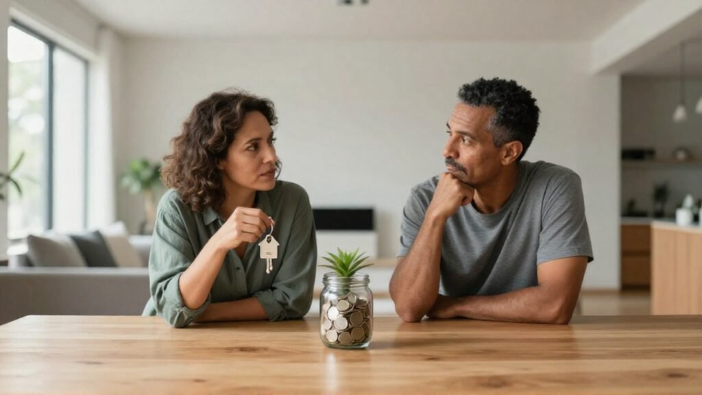 Pareja conversa sobre su futuro financiero sosteniendo llaves de casa y un frasco de ahorros.