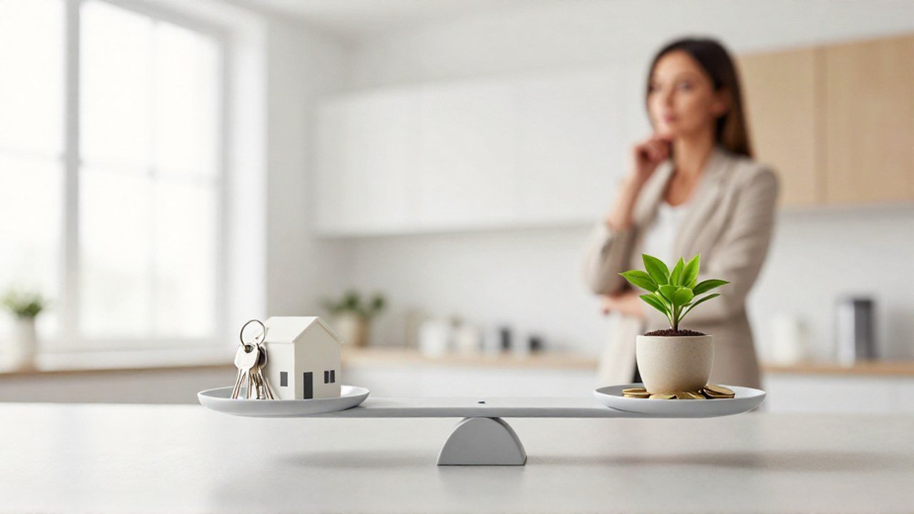 Balanza equilibrando llaves y una maqueta de casa con una planta y monedas de oro.