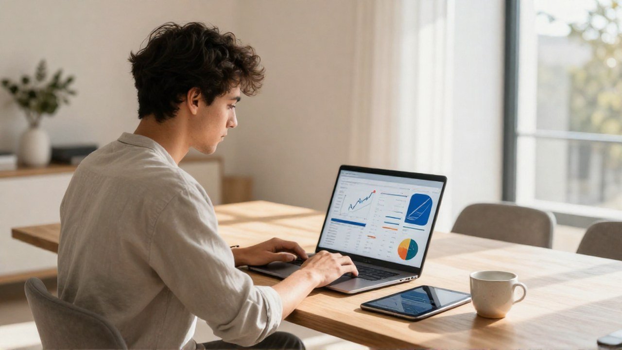 Una persona joven revisa gráficos financieros en una laptop y una tableta en un escritorio.