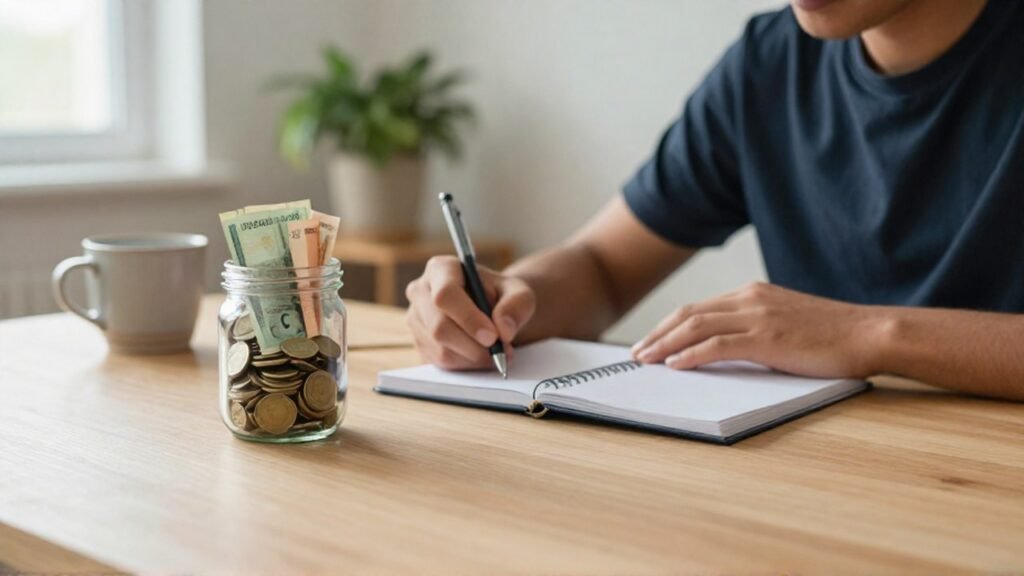 Persona joven escribiendo en un cuaderno de presupuesto junto a un tarro de ahorros.