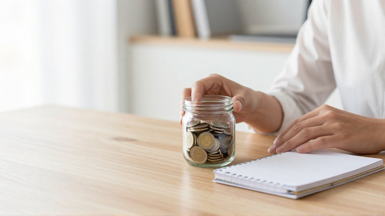 Manos organizando monedas en un frasco sobre un escritorio de madera junto a un cuaderno.