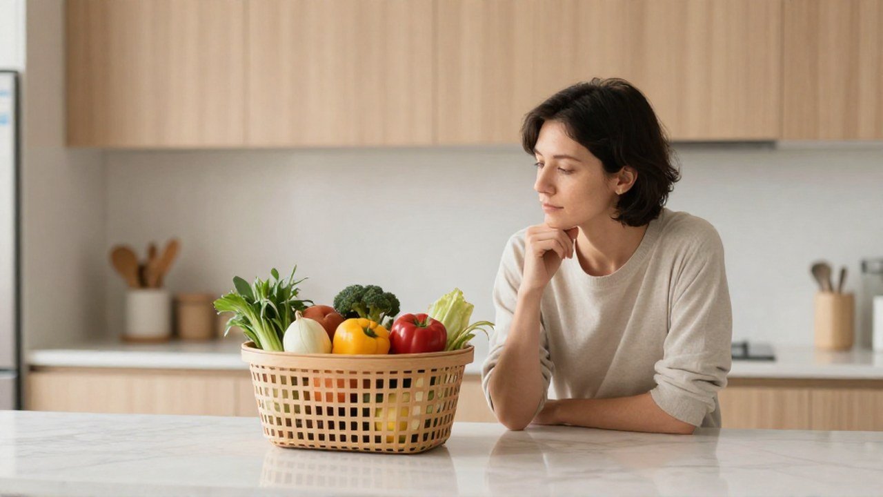 Persona en una cocina minimalista reflexionando frente a una cesta de alimentos frescos.