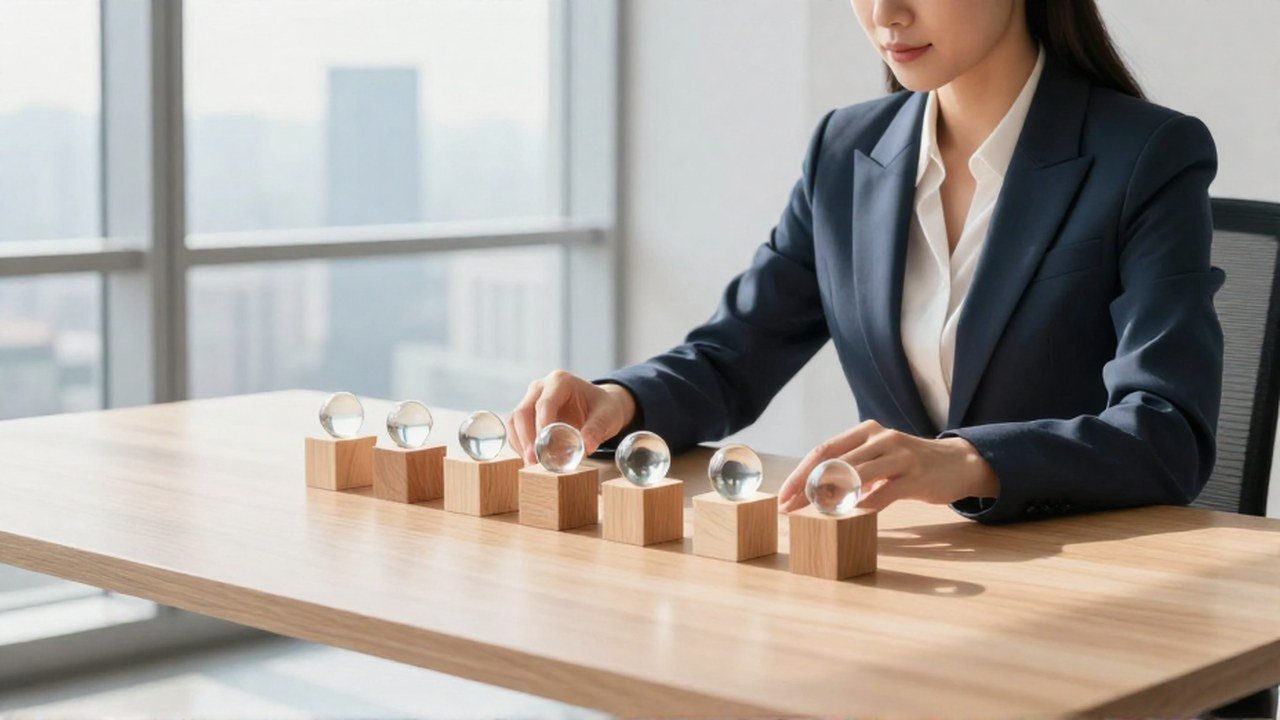 Mujer organiza cubos de madera y esferas de cristal para representar el crecimiento de inversiones.