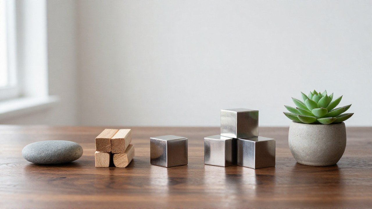 Piedra, madera, cubos metálicos y una suculenta dispuestos sobre una mesa de madera oscura.