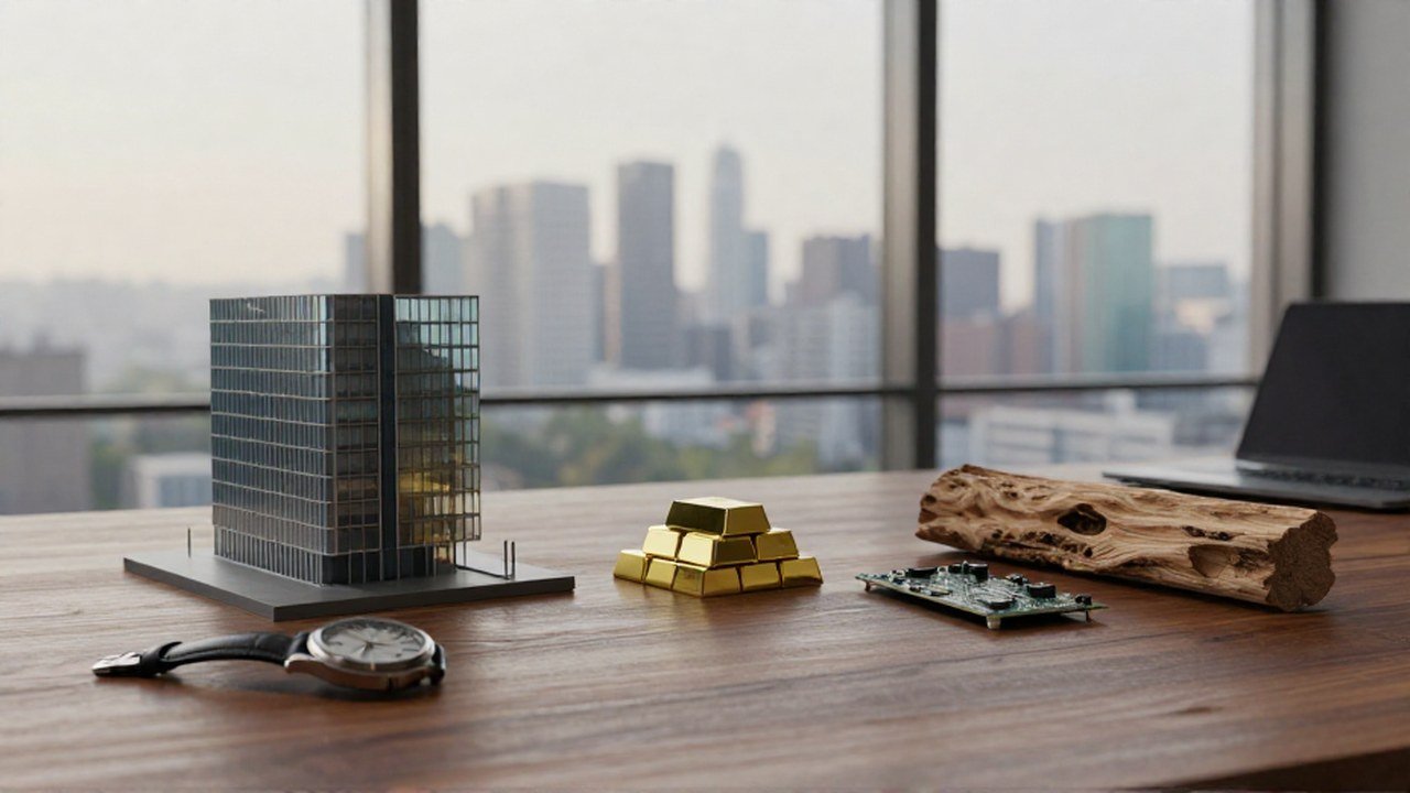 Escritorio con una maqueta de edificio y lingotes de oro que representan un portafolio diverso.
