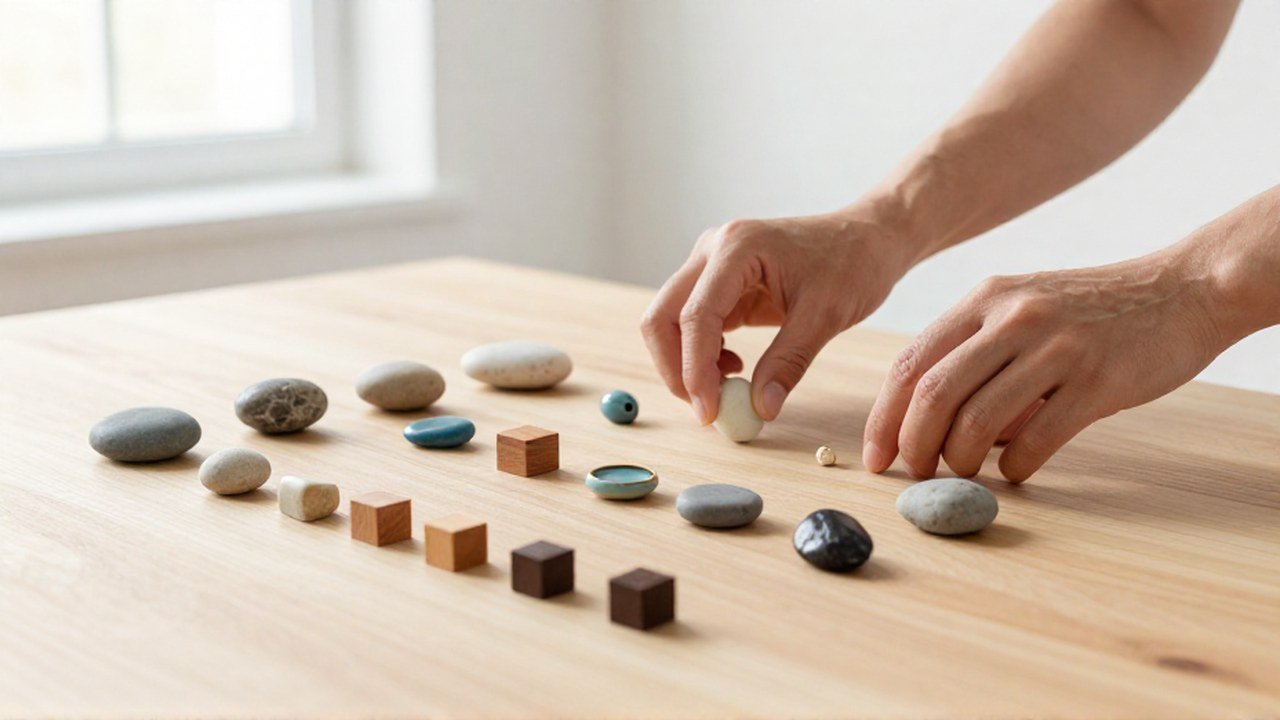 Manos organizan piedras y cubos de madera sobre una mesa, simbolizando una cartera diversificada.