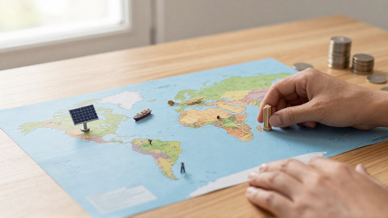 Manos colocando miniaturas de diferentes sectores industriales sobre un mapa mundial junto a un pequeño montón de monedas.