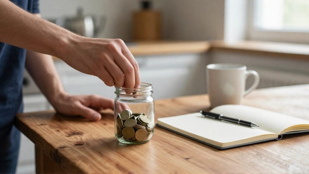 Manos depositando monedas en un tarro de cristal sobre una mesa junto a un cuaderno.