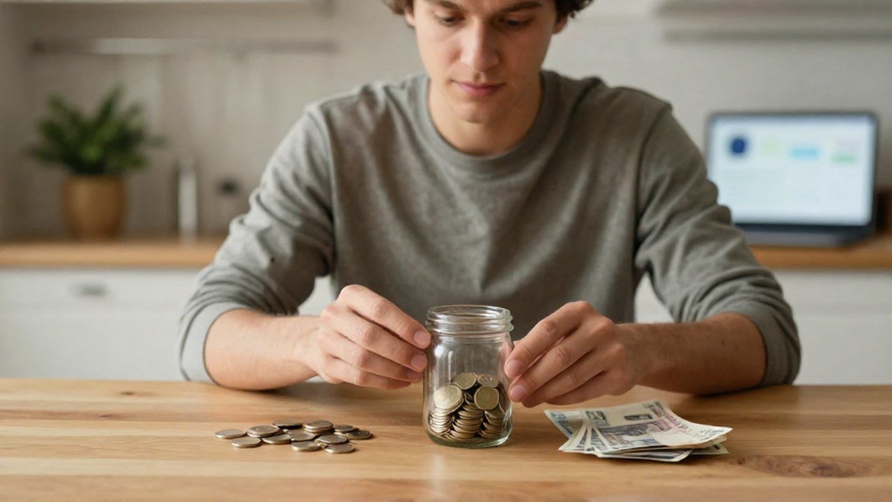 Persona joven organizando monedas y billetes en un frasco de vidrio sobre una mesa de cocina.