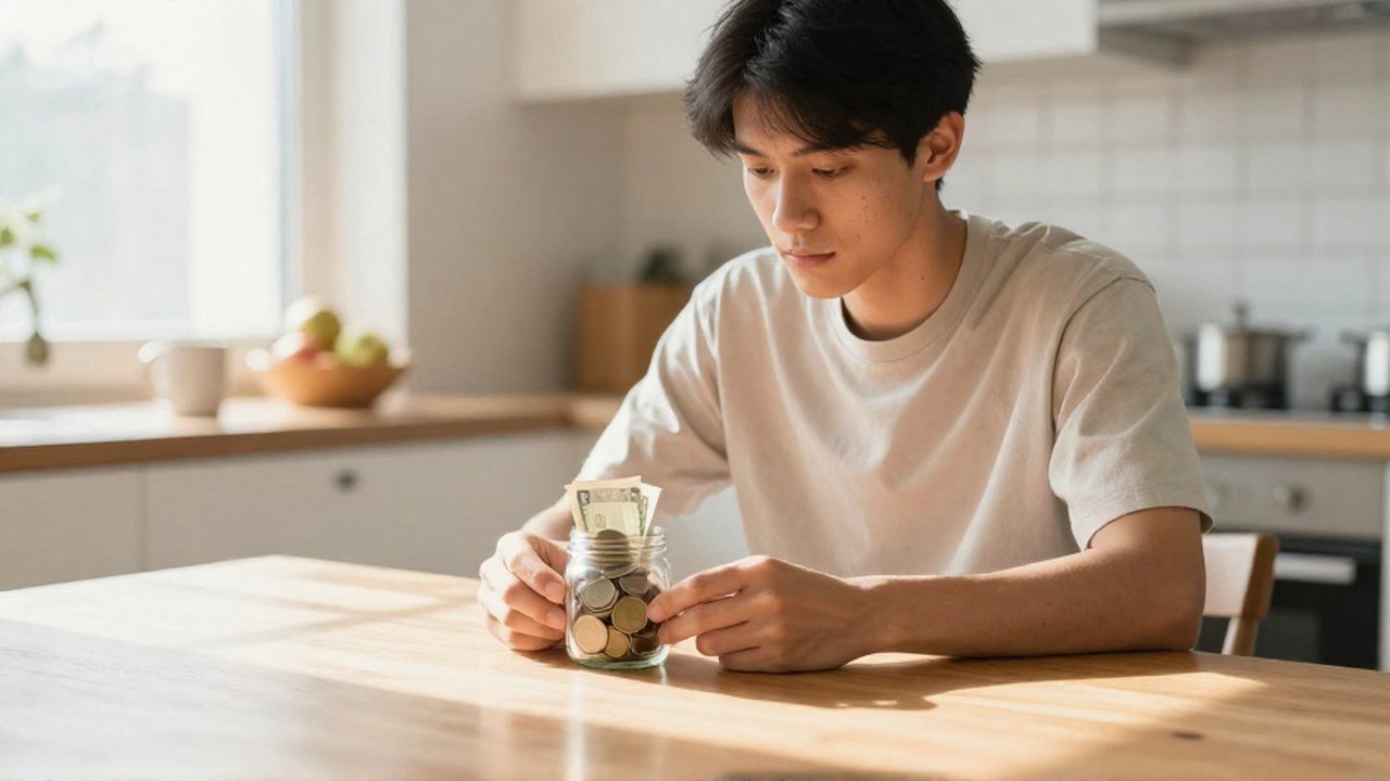 Joven planificando sus ahorros en una mesa de cocina con un frasco de monedas.